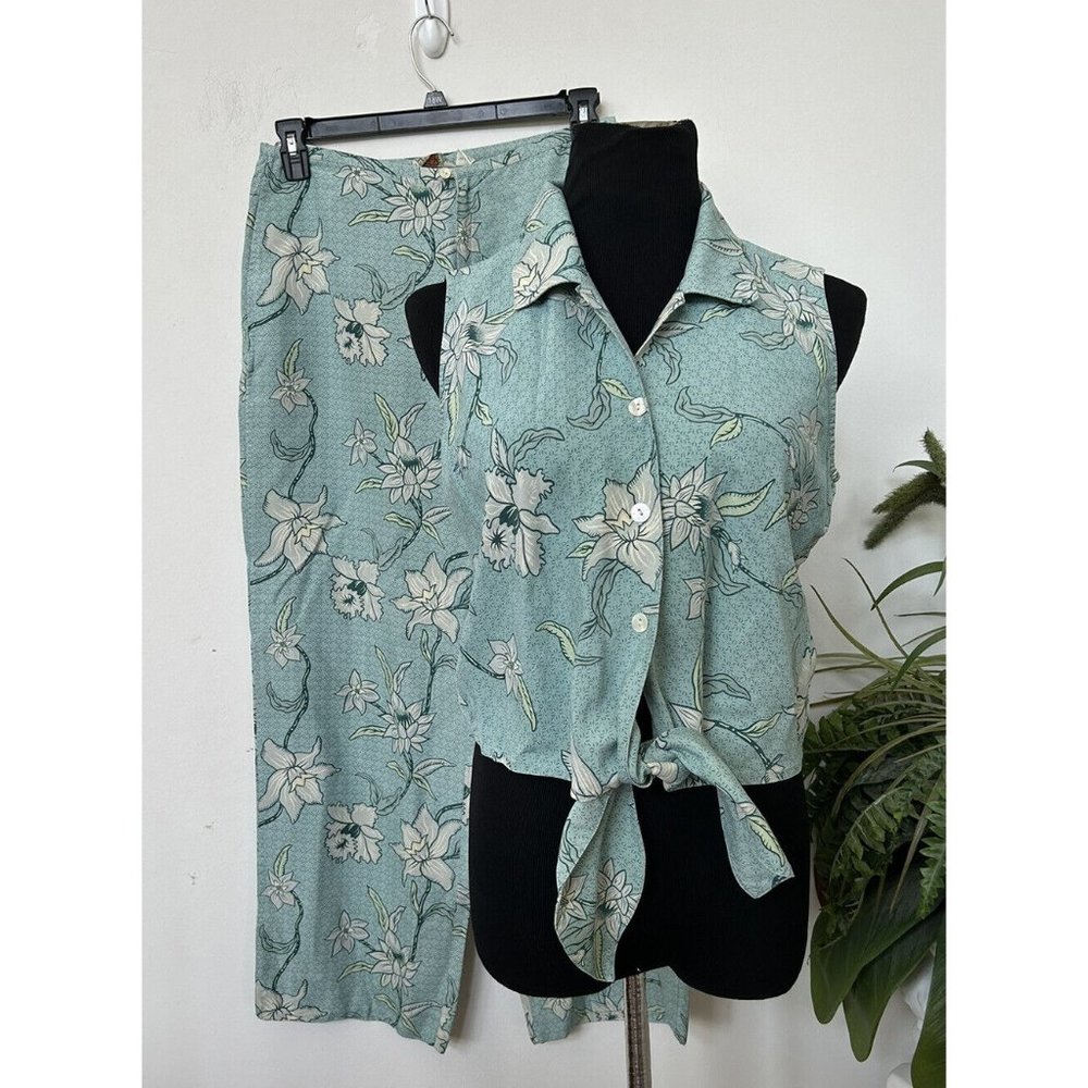 TOMMY BAHAMA Blue Floral Tropical Print Silk 2pc Wide Leg Pants Womens Size L/10